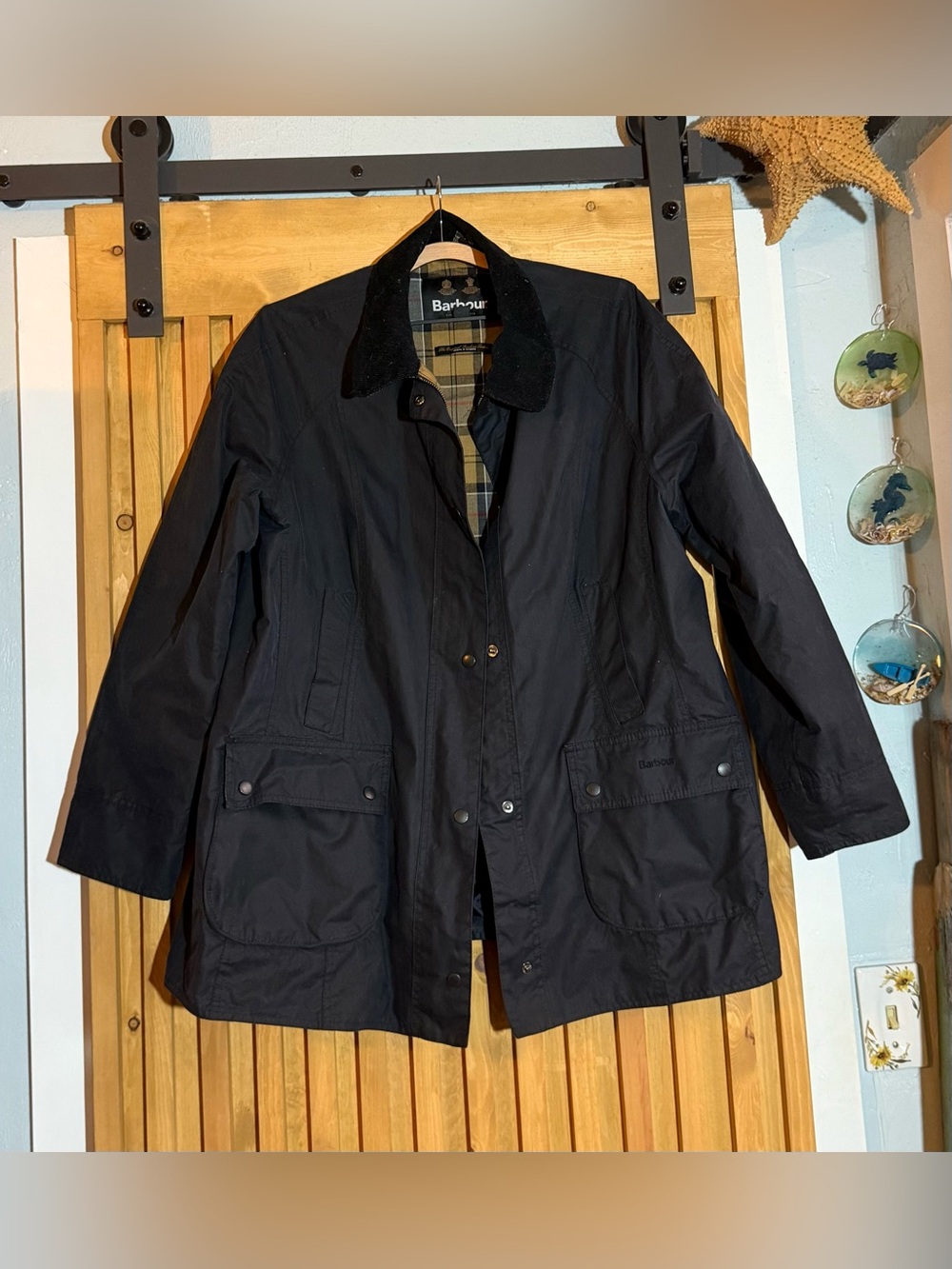 Barbour Navy Waxed Utility Jacket Coat with Cord Collar